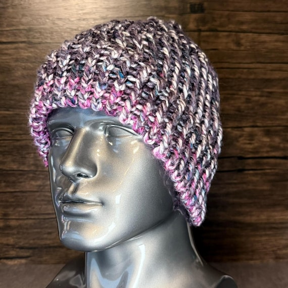 Handcrafted Fuchsia Violet Black Snowfall Beanie Vibrant Cozy Loom Knit Winterwear Accessory