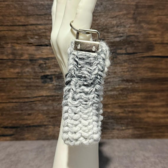Marled Black White Key Fob, Handmade Wool Acrylic Wristlet, Cozy Winter Gift, Snowy Gray Yarn Accessory