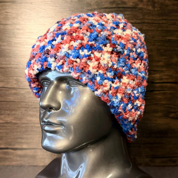 Summer Parade Knit Hat Handmade Patriotic Winter Beanie Red White Blue Cozy Accessory