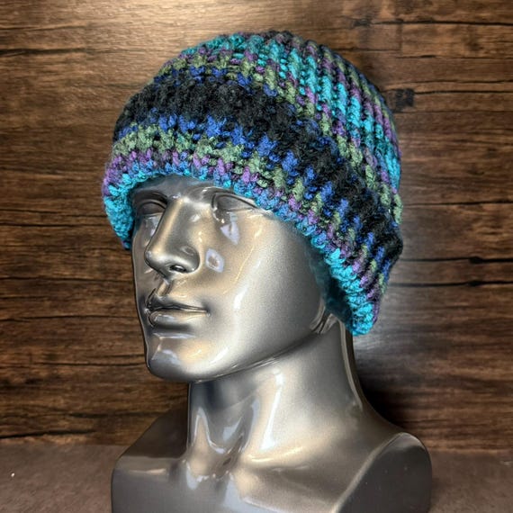 Multi Blue Hand Knit Hat Beanie Acrylic Winter Cozy Chunky Statement Accessory