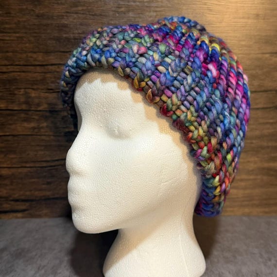 Abstract Canvas Kids Knit Hat, Colorful Merino Wool Beanie, Handmade Rainbow Hat, Hand Dyed