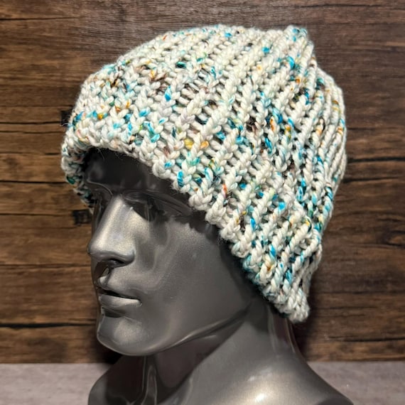 Hand Knit Merino Wool Hat, Paint Party Speckled Ivory Teal Colorful Winter Beanie Gift