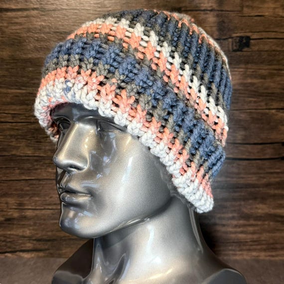 Handmade Coastal Colorblock Beanie Peach Steelblue Slatewhite Cozy Chunky Winter Knit Hat Accessories