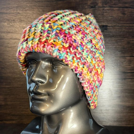 Rainbow Carnival Knit Hat Colorful Pride Inspired Handmade Cozy Winter Accessory Gift Unique
