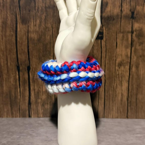 Handmade Knit Scrunchie, Superwash Merino Wool Hair Accessory, Red Blue White, Colorful Game Day