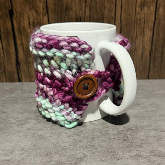 Handmade Knit Mug Cozy, Merino Wool Coffee Cup Wrap, Colorful Mug Accessory, Cozy Gift