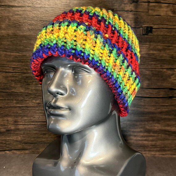Rainbow Hand Knit Hat Beanie Colorful Winter Cozy Chunky Statement Accessory
