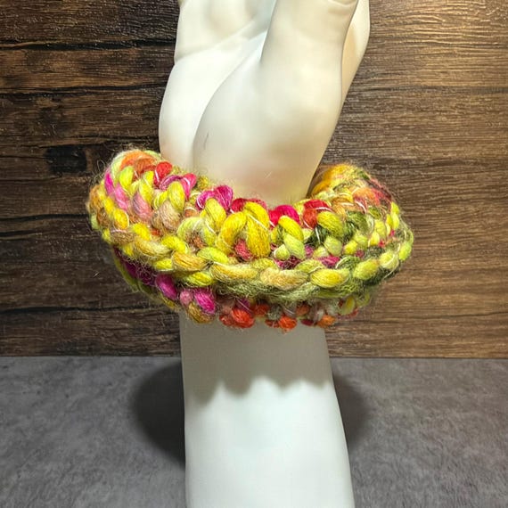 Neon Clown Hand Dyed Wool Scrunchie, Handmade Chunky Knit Accessory, Pink Yellow Orange Scrunchie