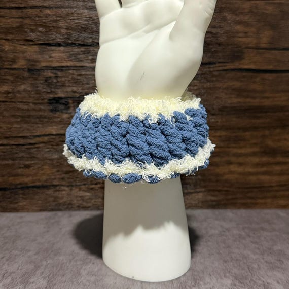 Patchwork Sky Textured Scrunchie Blue Cream Yellow Cozy Hair Accessory Handmade Sideshow Knitting Gift
