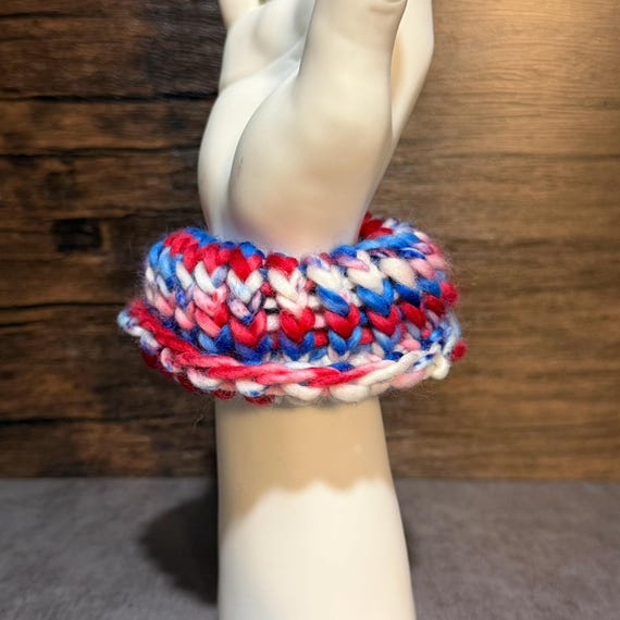 Frozen Turf Knit Scrunchie, Red Blue White Pink Colorful Handmade Hair Accessory