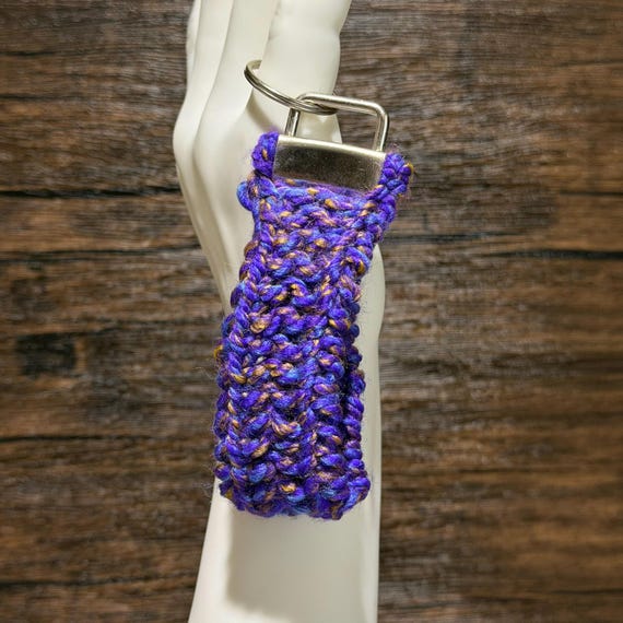 Handmade Knit Key Fob Purple Wristlet Keychain Jewel Tone Acrylic Gift Midnight Tapestry Cozy