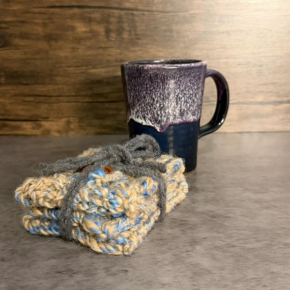 Handmade Alpaca Coffee Reserve Mug Wrap Rug Gift Set Blue Gray Cozy Farmhouse Luxury