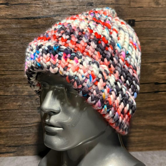 Wild Bouquet Adult Hat, Handmade Merino Wool Beanie, Colorful Knit Hat, Warm Winter Accessory, One of a Kind