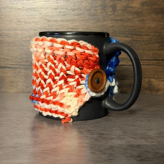 Buffalo Rush Merino Wool Mug Wrap Handmade Coffee Cozy Striped Reusable Gift Soft Cozy