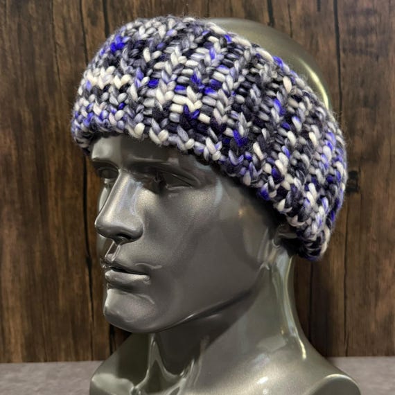 Midnight Storm Hand Knit 100% Superwash Merino Wool Head Wrap Black Gray Purple Cream