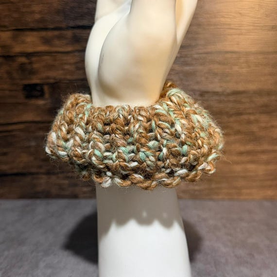 Handmade Chunky Knit Hair Scrunchie, Earthy Brown Green Hair Accessory, Alpaca Meadow