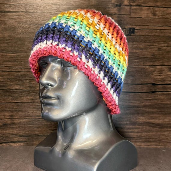 Handmade Galaxy Pride Knit Hat | Rainbow Winter Beanie, Unique Color Variations