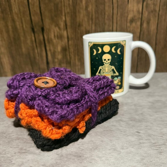 Halloween Knit Mug Wrap Set, Purple Orange Black Coffee Cozy Gift, Handmade Kitchen Accessory