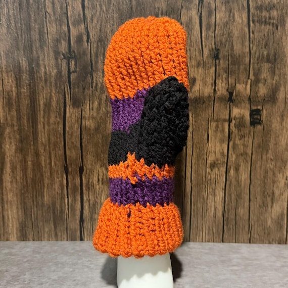 Halloween Knit Mittens, Purple Black Orange Handmade Winter Gloves, Spooky Season Accessory
