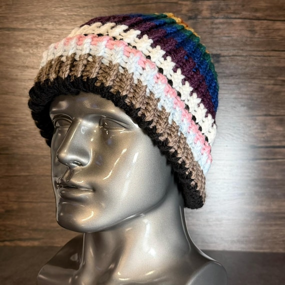 Progress Pride Beanie Handmade Rainbow Knit Hat LGBTQ Inclusive Colorful Winter Accessory Gift