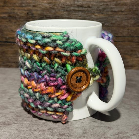 Crazy Quilt Wool Mug Wrap Colorful Handmade Coffee Cozy Retro Kitchen Gift Accessory