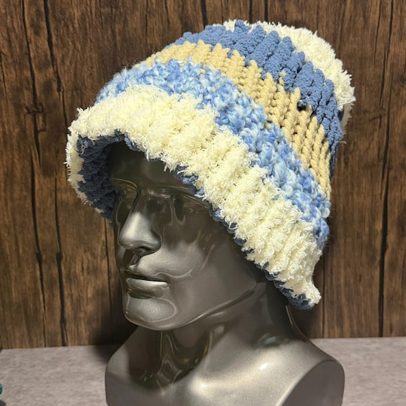 Patchwork Sky Textured Knit Hat Blue Cream Yellow Cozy Winter Sideshow Knitting Handmade Gift