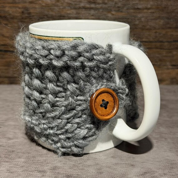 Handmade 100% Wool Coffee Mug Wrap: Graystone Knit Cozy with Wood Button