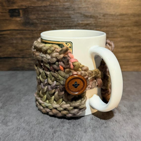 Faded Negative Hand-Dyed Merino Wool Mug Wrap | Chunky Knit Coffee Cozy | Handmade Mug Sleeve with Wooden Button