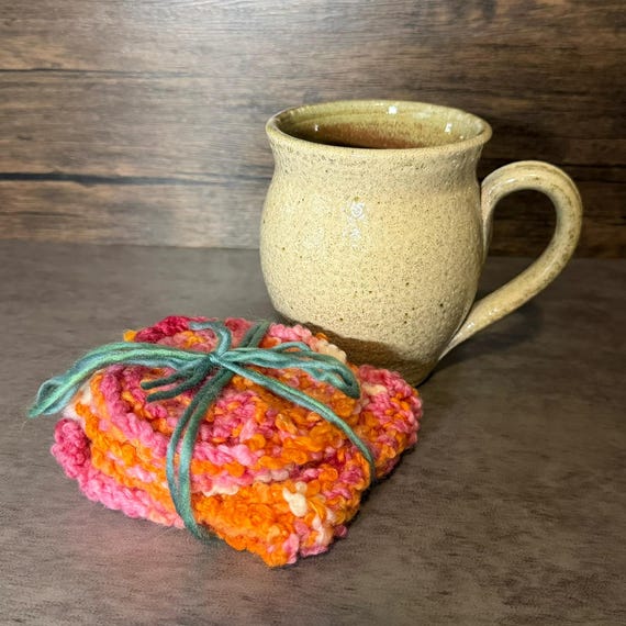 Hand Knit Mug Wrap and Coaster Set: Lesbian Pride Colors, Cozy Coffee Accessory