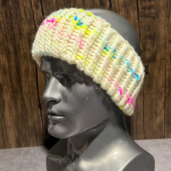 Pastel Mayhem Handmade Merino Wool Head Wrap Neon Confetti Cream Chunky Cozy Winter Gift