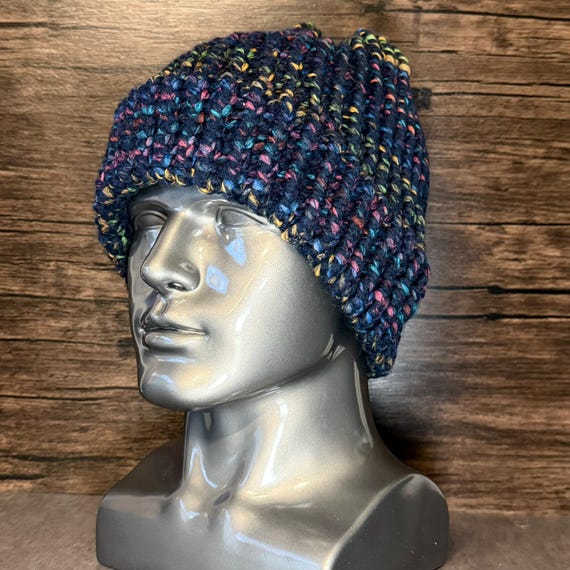 Handmade Bold Neon Beanie Navy Colorblock Vibrant Chunky Cozy Statement Winter Knit Accessories