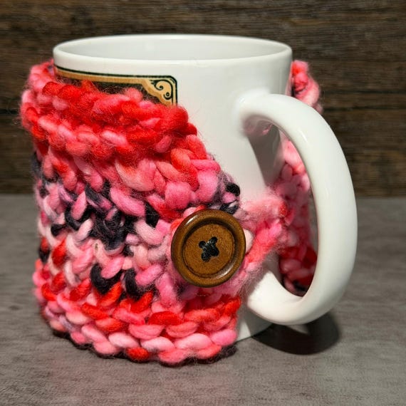 Handmade Merino Wool Mug Wrap: Valentine's Revenge Colorway, Knitted Coffee Cozy