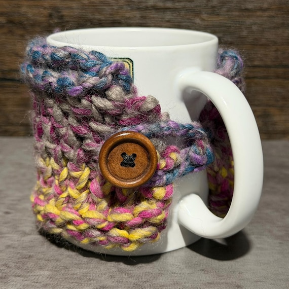 Painted Cosmos Handmade Mug Wrap, Colorful Bulky Wool Blend Coffee Cozy, Button Closure Accessory
