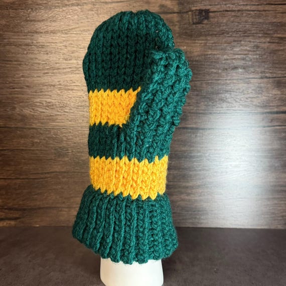 Handmade Green Gold Knit Mittens SUNY Inspired Memorial Cozy Winter Gloves Soft Warm