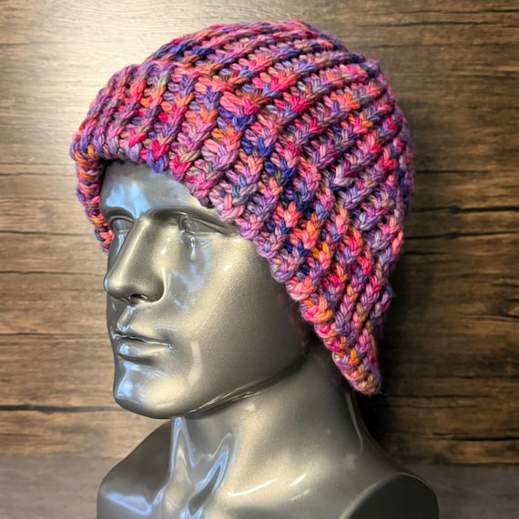 Moonlit Meadow Merino Wool Hat Handmade Knit Beanie Purple Pink Blue Winter Cozy Gift
