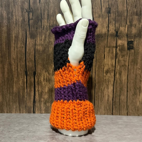 Halloween Fingerless Gloves, Purple Black Orange Knit Hand Warmers, Handmade Fall Accessory
