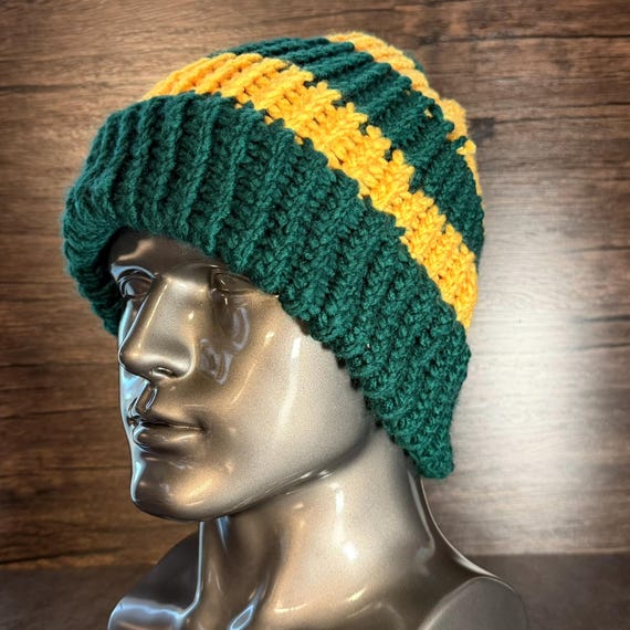 Handmade Green Gold Knit Beanie SUNY Inspired Memorial Cozy Winter Hat Soft Warm