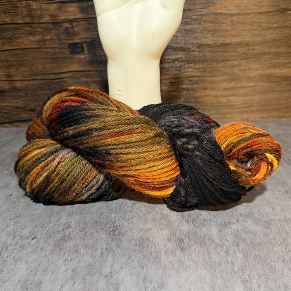 Hand Dyed Yarn, Worsted Weight 100% Virgin Wool, Retro Halloween Yarn, Purple Orange Black