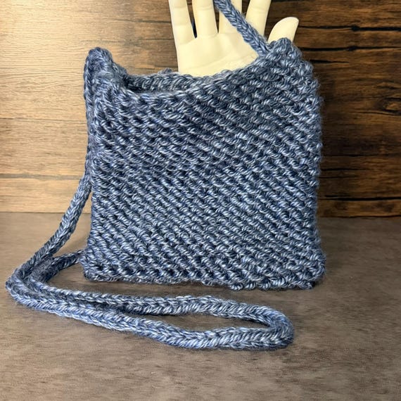 Handmade Knit Crossbody Bag Blue Acrylic Purse Coastal Harbor Everyday Shoulder Gift Unique Artisan