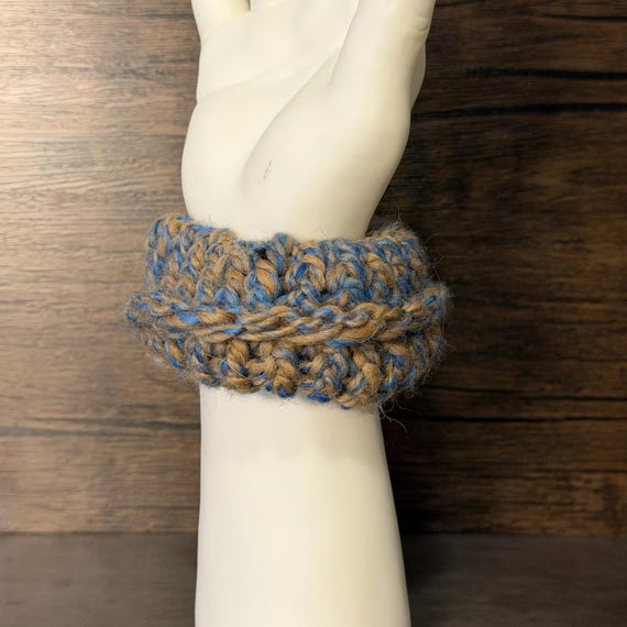 Handmade Alpaca Knit Scrunchie Blue Gray Hair Tie Soft Luxury Natural Fiber Cozy Accessory