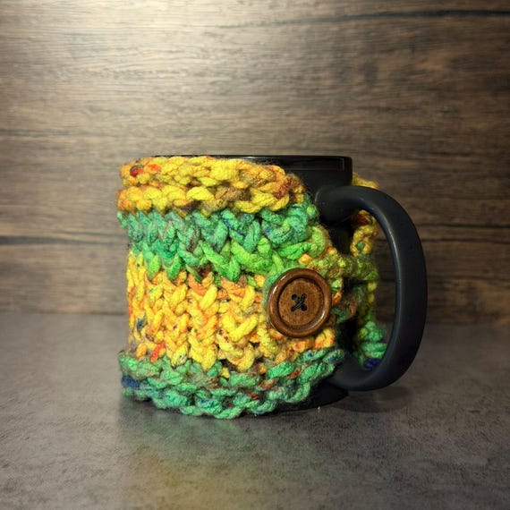 Rainbow Meadow Knit Mug Wrap Handmade Colorful Coffee Tea Cup Cozy Gift