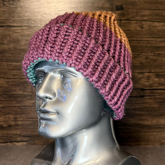 Handmade Tangerine Raspberry Sherbet Beanie Soft Cozy Winter Loom Knit Accessory