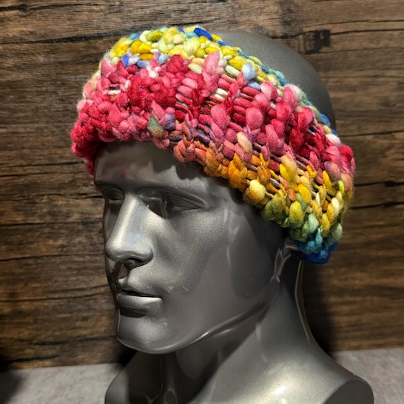 Rainbow Riot Head Wrap, Chunky 100% Wool Handmade Ear Warmer, Multicolor Winter Accessory Gift