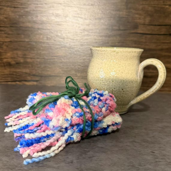 Trans Pride Knit Mug Wrap and Rug Set – Hand-Dyed Yarn Cozy Decor
