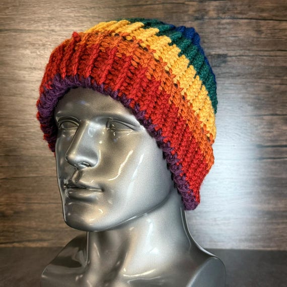 Rainbow Pride Beanie Handmade Knit Hat LGBTQ Colorful Winter Accessory Gift Inclusive