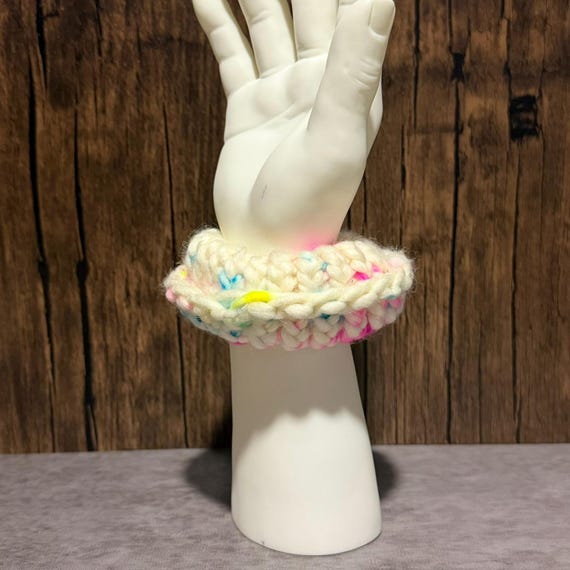 Pastel Mayhem Handmade Merino Wool Scrunchie Neon Confetti Cream Chunky Soft Hair Accessory Gift
