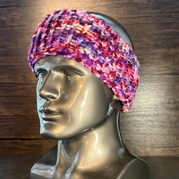 Purple Pink Crimson Handmade Head Wrap Cozy Stretchy Loom Knit Winter Headband Accessory