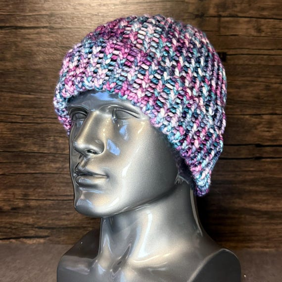 Aurora Borealis Teal Fuchsia Purple Blue Handmade Beanie Cozy Loom Knit Winter Hat
