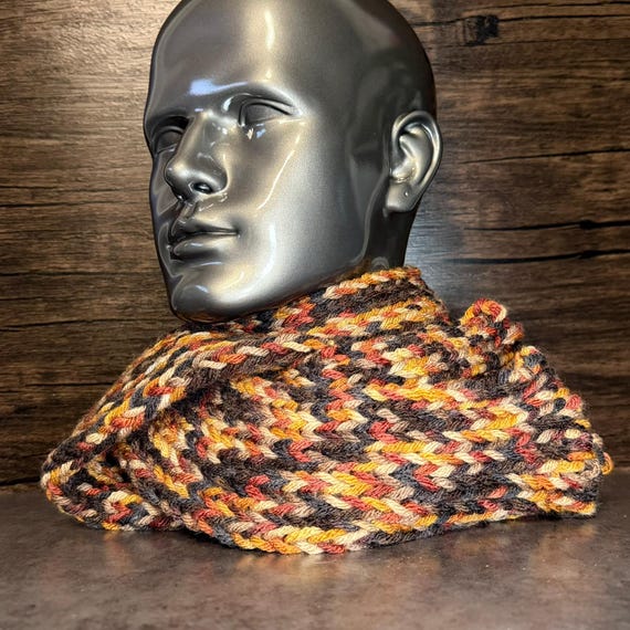 Cozy Fireside Autumn Scarf Mustard Orange Tan Brown Black Handmade Knit Wrap
