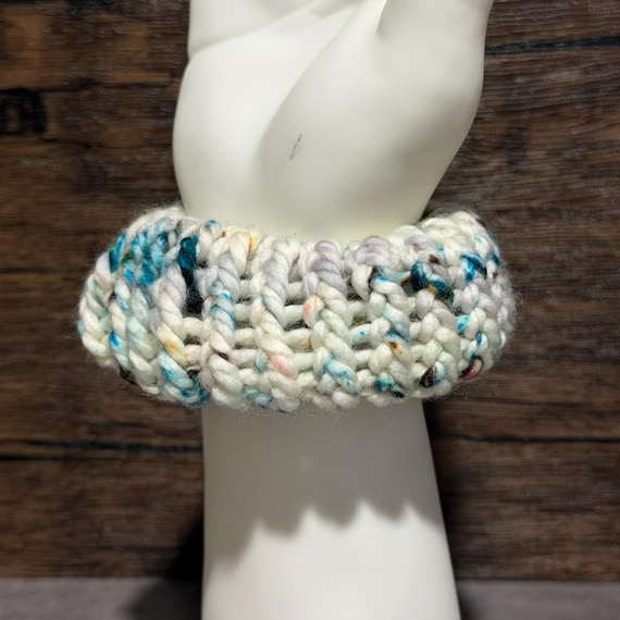 Hand Knit Merino Wool Scrunchie, Paint Party Speckled Ivory Teal Colorful Hair Accessory Gift